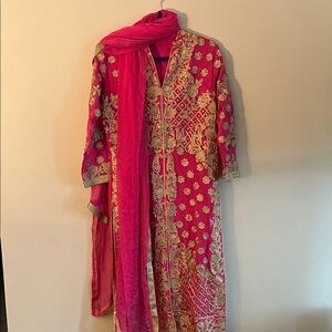 Elegant Pink and Gold Women's Dress with Pink Scarf